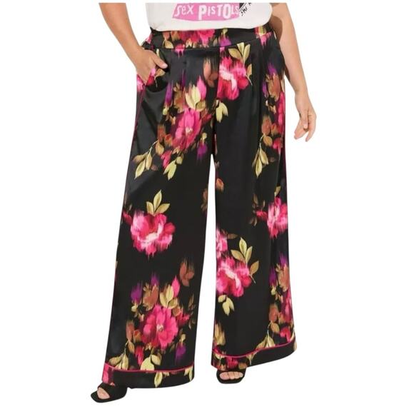Torrid Floral Satin High Rise Wide Leg Pant Sz 00Tall Large Black Pink - Picture 2 of 9